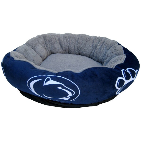 large plush pet bed with Penn State Athletic Logos and paw prints